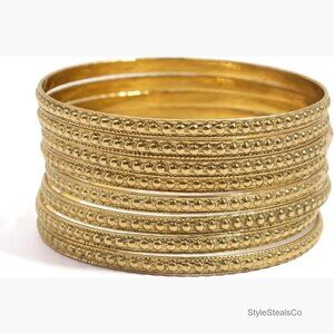 Set of 8 Handmade Slim Brass Bangle Bracelets Stackable Bohemian Style